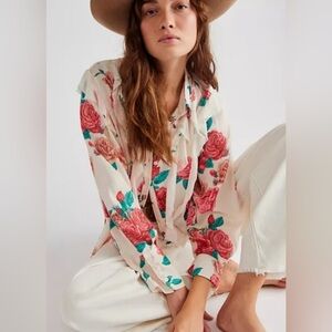 NWOT Free People Floral Ruffled Blouse Charlotte Ivory Pink